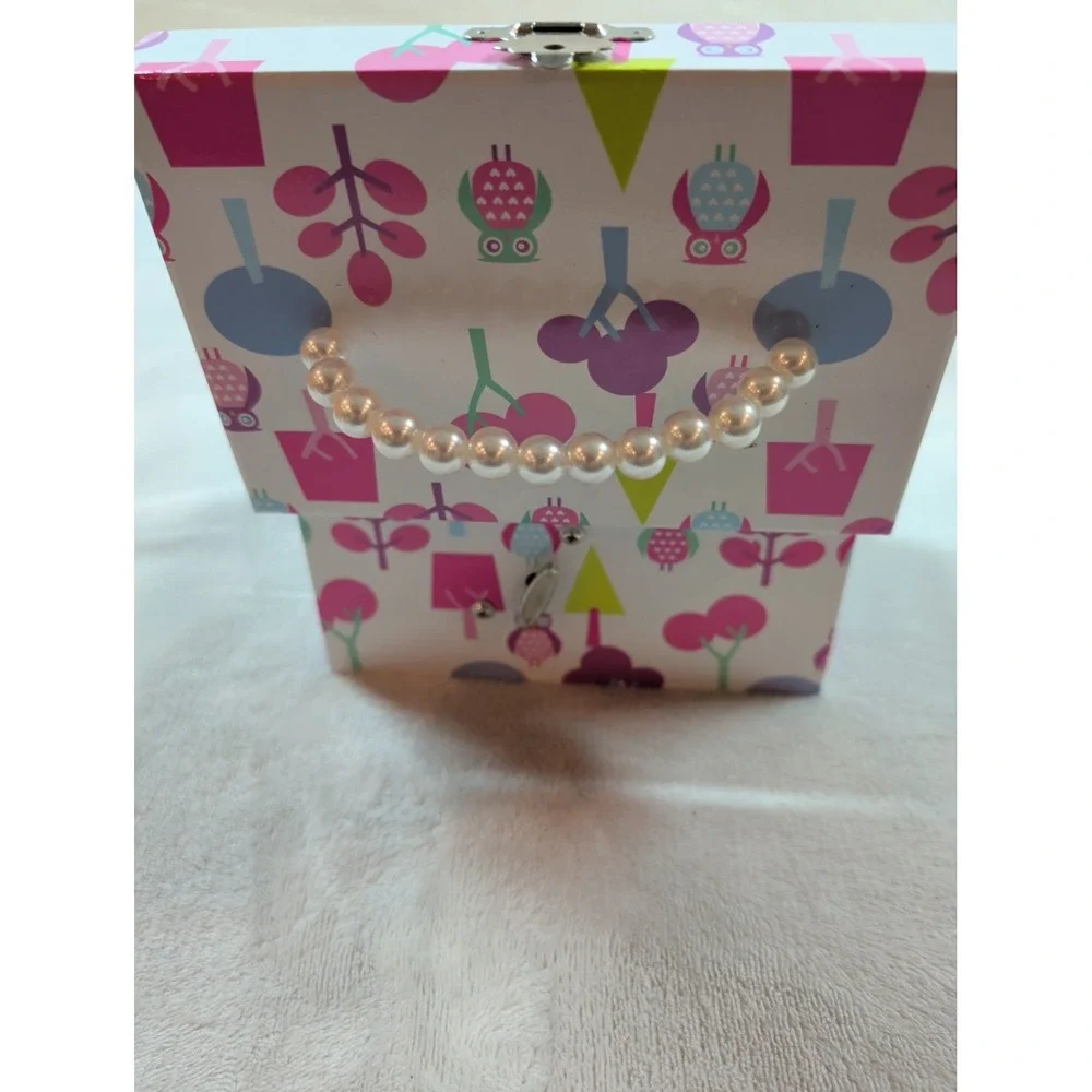 Owl Jewelry Box Purple Pink Green Trees Faux Pearl Handle Drawer Storage Chest